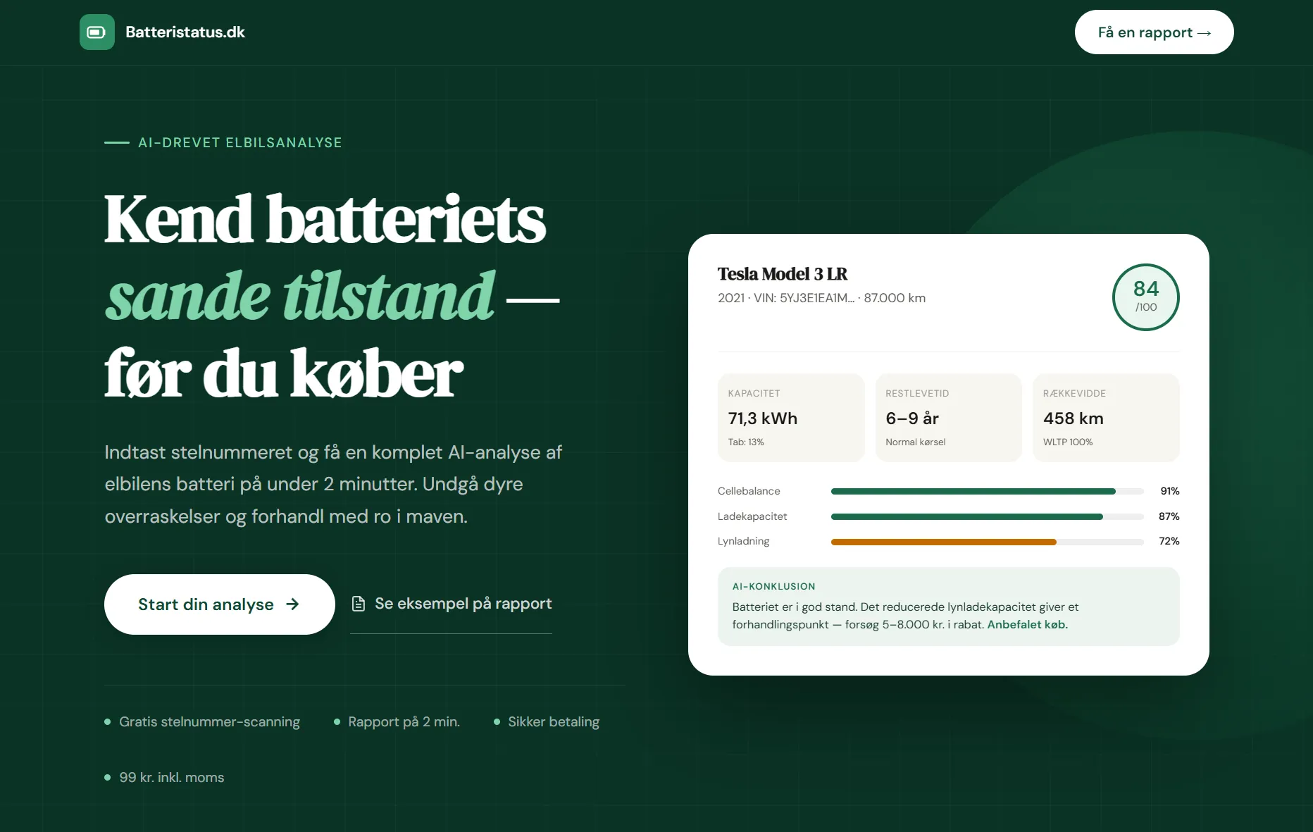 Batteristatus test af elbil batteri med statusrapport